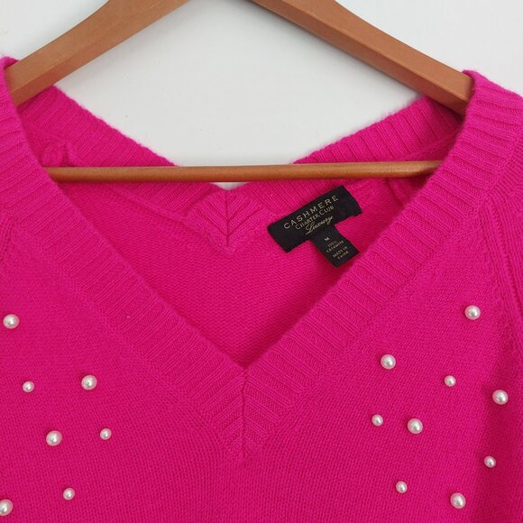 Charter Club Pink Cashmere Sweater Double V-Neck Pearl Embellished Feminine - Picture 5 of 10